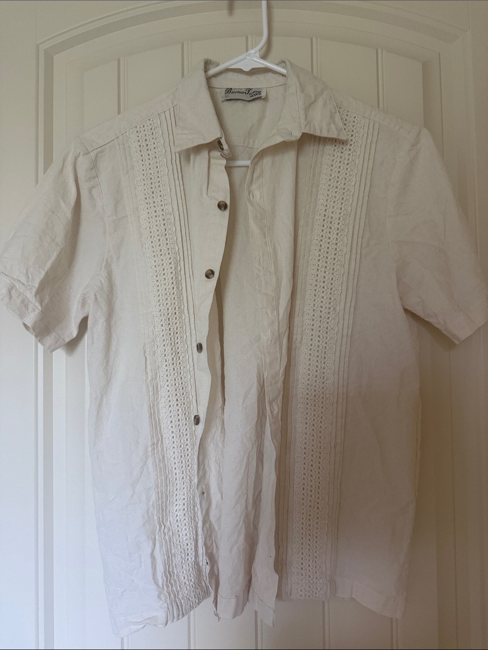 Mens Cream Button-Front Embroidered Short-Sleeve Linen Shirt